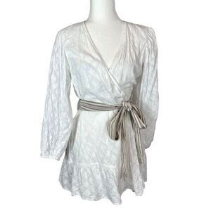 Cleobella Mini Dress XS White Belted Puff Sleeve Eyelet Lace Wrap jacquard Boho